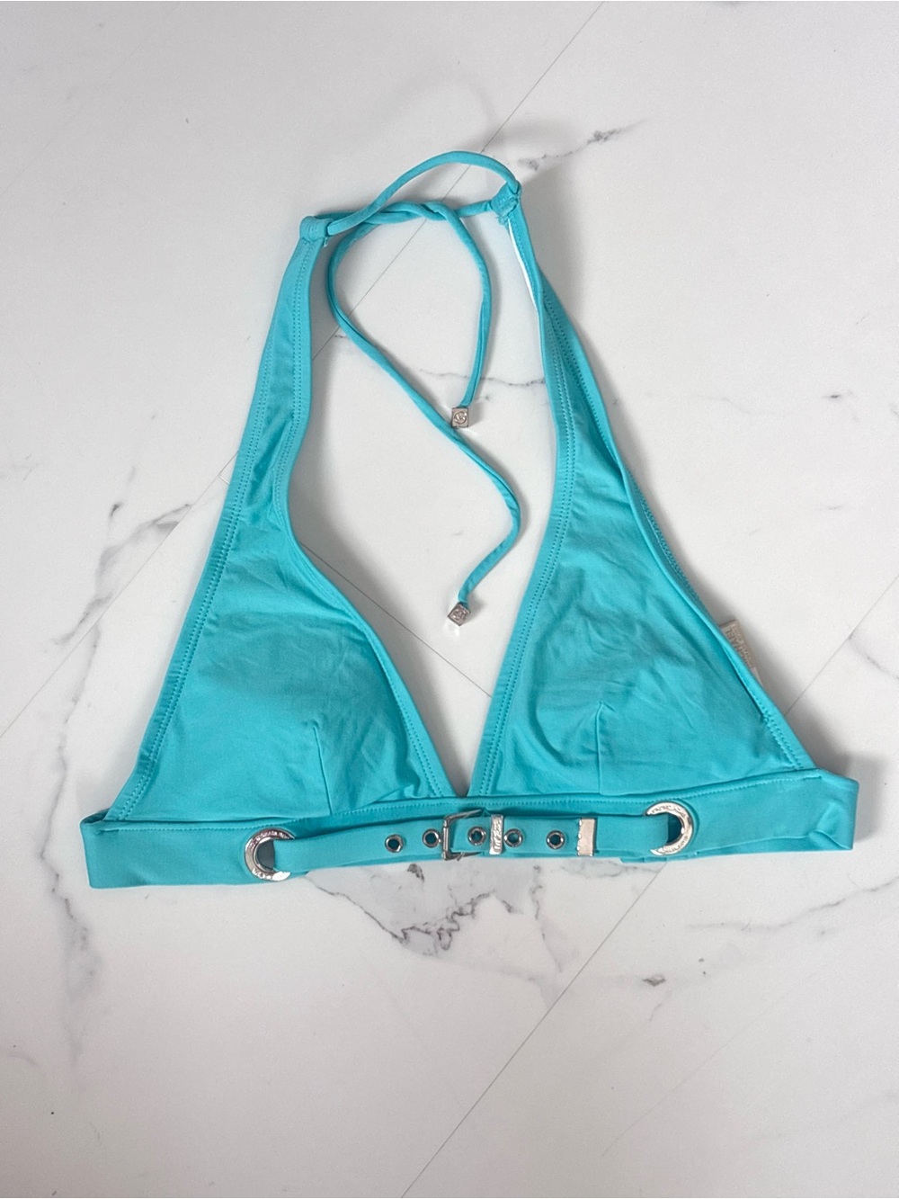 Michael Kors Aqua Turquoise Triangle Halter Bikini Top Metal Buckle Swimwear M